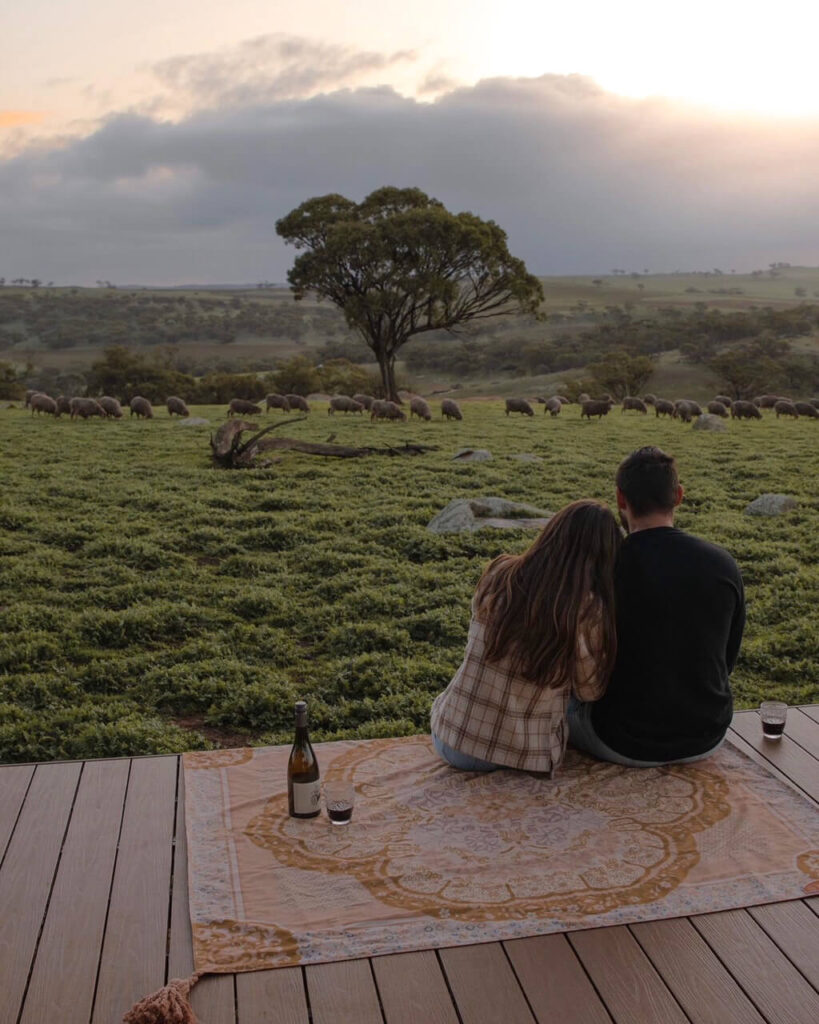 Couple enjoying the view of the sun setting and sheep grazing in the hills in Western Australia