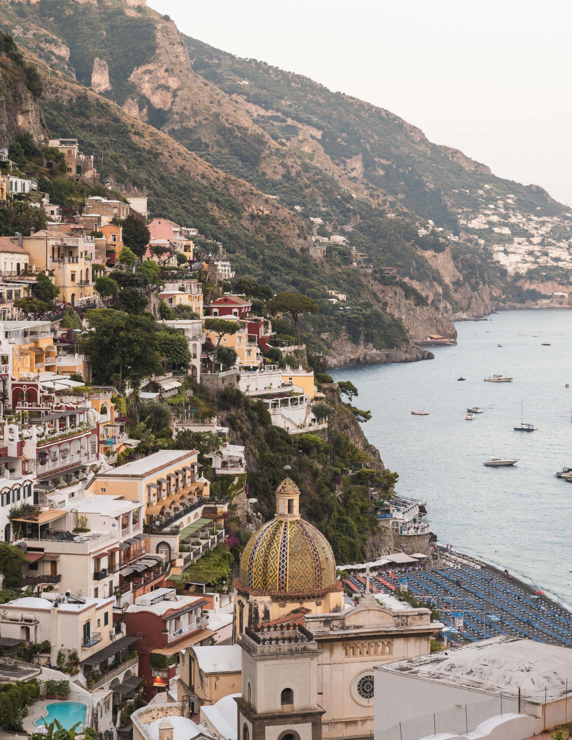 Picturesque view of Positano's colourful cliffside buildings overlooking the Mediterranean Sea